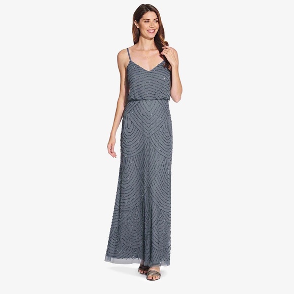 NWT! Adrianna Papell Art Deco beaded blouson gown in dusty blue